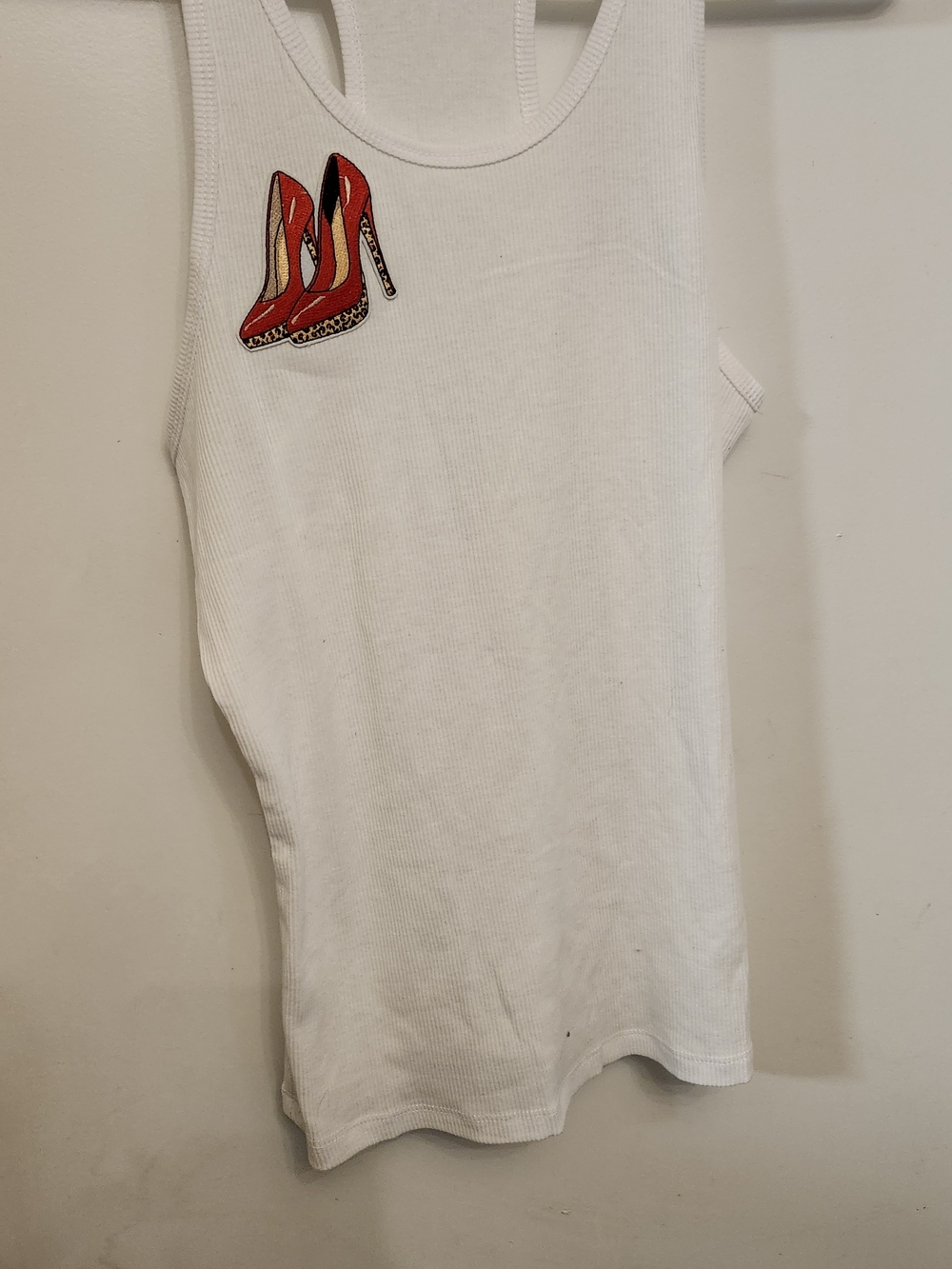 Hand Crafted White Ribbed Tank Top with Red High Heel Patch